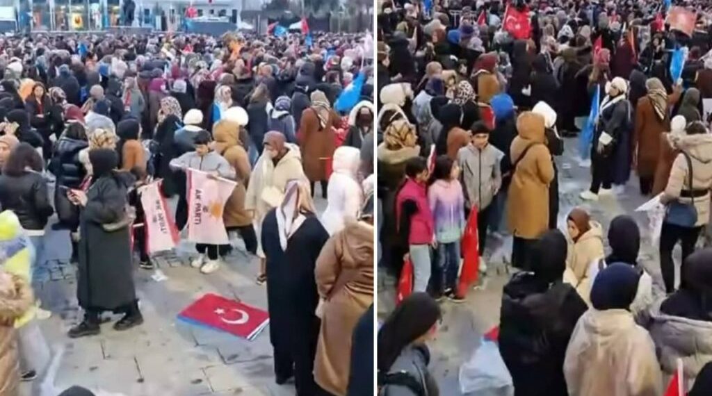 سيدة تسجد على علم تركيا في مؤتمر أردوغان!